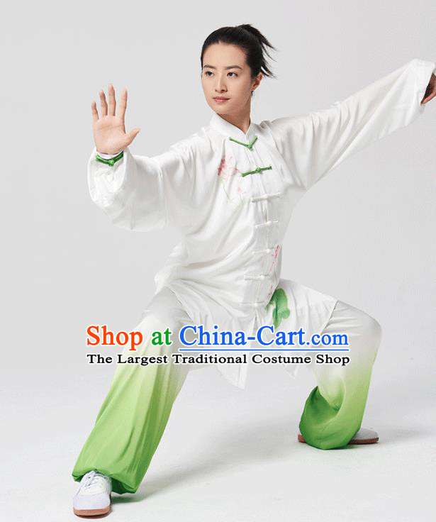 China Traditional Kung Fu Performance Uniforms Tai Chi Hand Painting Lotus White Costumes