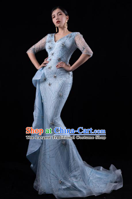 Top Grade Catwalks Blue Trailing Dress Stage Performance Costume Fishtail Dress