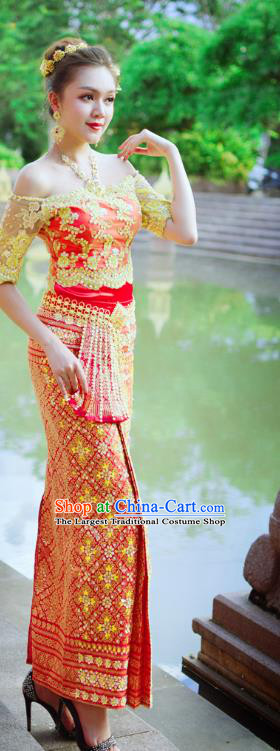 Asian Thai Wedding Uniforms Court Woman Dress Clothing Traditional Thailand Embroidery Off Shoulder Blouse and Red Skirt