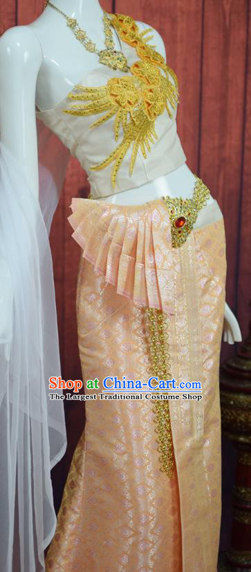 Asian Thai Wedding Bride Uniforms Embroidery White Blouse and Champagne Skirt Traditional Thailand Court Dress Clothing