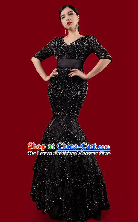 Top Grade Catwalks Black Fishtail Dress Annual Meeting Compere Layered Full Dress Stage Performance Costume