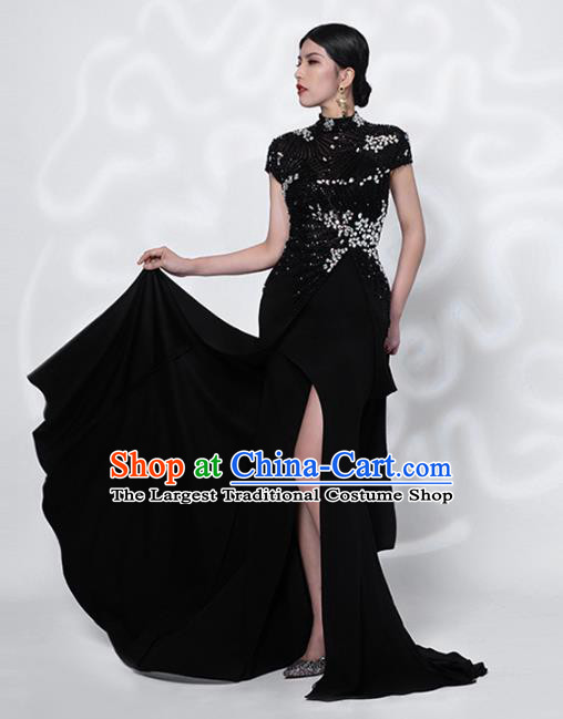 Chinese Stage Show Embroidery Beads Black Qipao Dress Catwalks Modern Cheongsam Costume