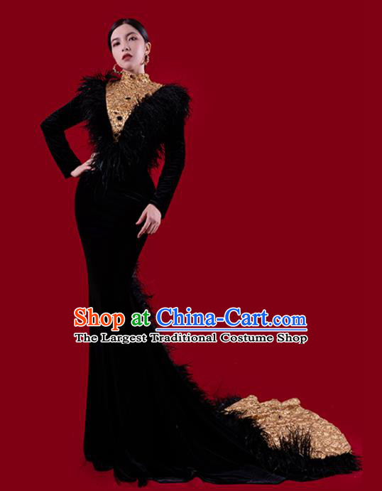 Top Grade Catwalks Compere Black Feather Trailing Dress Stage Show Clothing Annual Meeting Embroidery Beads Full Dress