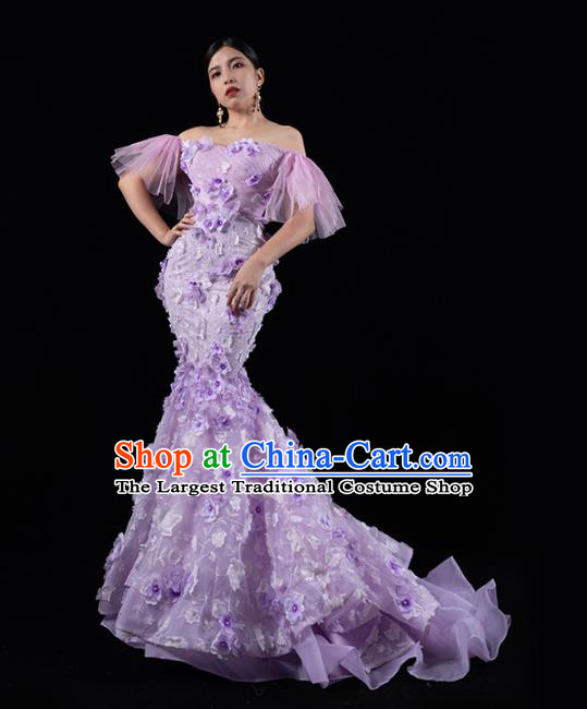 Top Grade Stage Show Clothing Annual Meeting Off Shoulder Full Dress Catwalks Compere Purple Trailing Dress