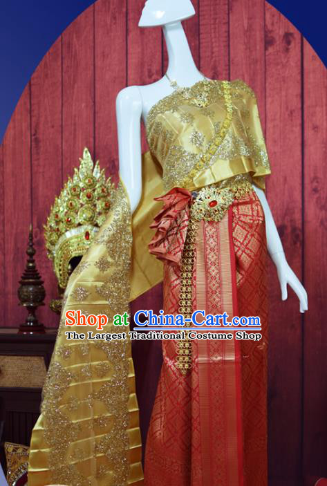 Traditional Thailand Embroidery Golden Blouse and Red Skirt Court Bride Dress Clothing Asian Thai Wedding Uniforms