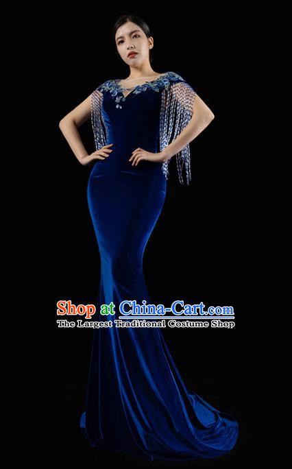 Top Grade Catwalks Royalblue Velvet Tassel Dress Stage Show Clothing Annual Meeting Trailing Full Dress