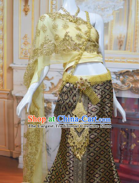 Traditional Thailand Court Concubine Dress Clothing Asian Thai Wedding Uniforms Yellow Top and Brown Brocade Skirt