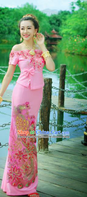 Traditional Thailand Embroidery Sequins Blouse and Pink Skirt Asian Thai Wedding Uniforms Dress Clothing