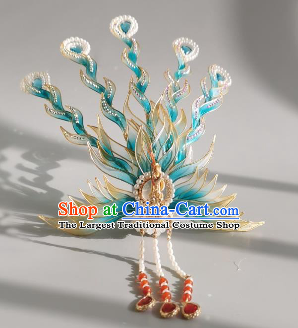 China Ancient Palace Princess Blue Phoenix Tassel Hairpin Traditional Ming Dynasty Noble Woman Hair Crown