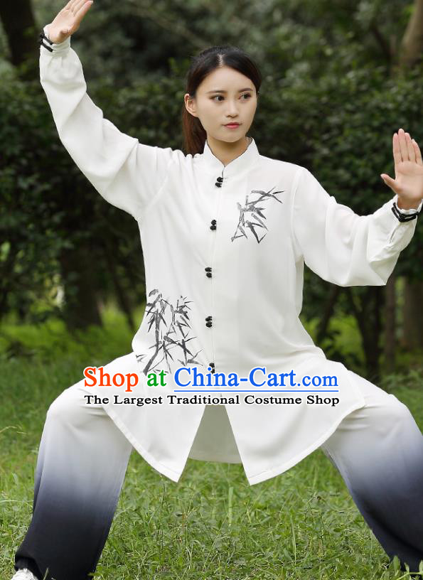 China Tai Chi Training Costumes Traditional Martial Arts Ink Painting Bamboo White Uniforms