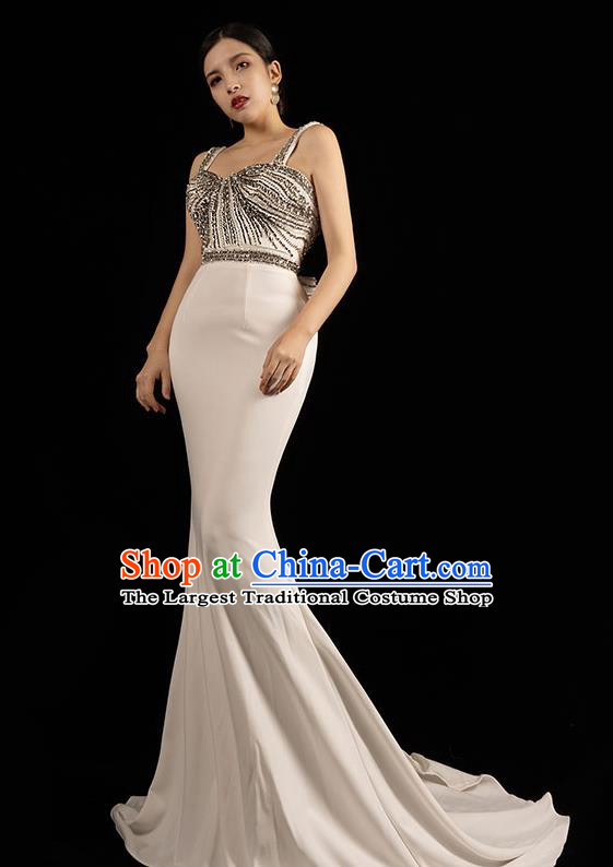 Top Grade Annual Meeting Clothing Stage Show Embroidery Beads White Full Dress Catwalks Trailing Dress