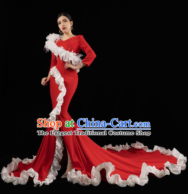 Top Grade Stage Show Wedding Full Dress Catwalks Compere Red Trailing Dress Annual Meeting Clothing