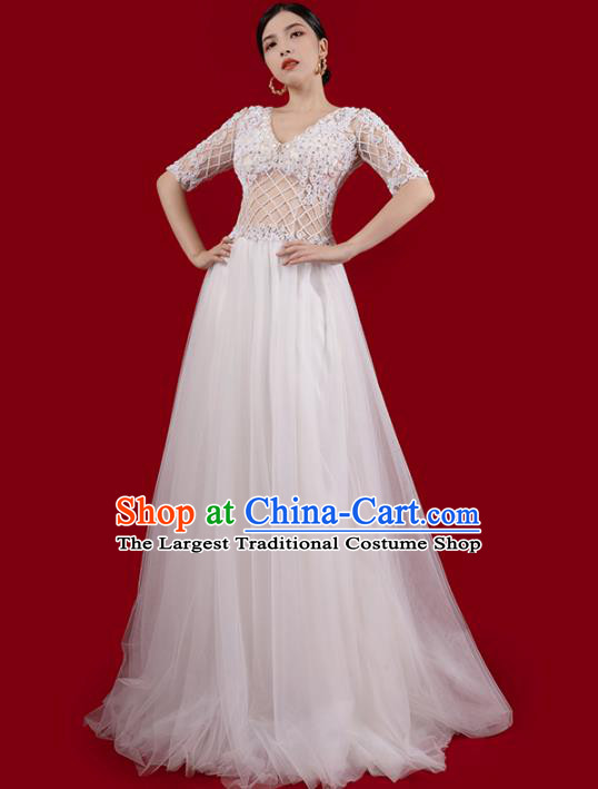 Top Grade White Wedding Dress Annual Meeting Clothing Catwalks Stage Show Embroidered Beads Full Dress