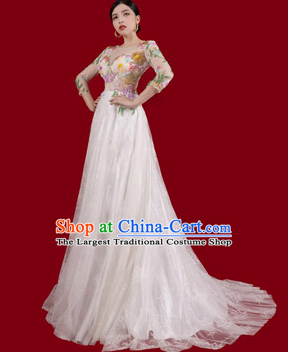 Top Grade Catwalks Embroidered Flowers Full Dress Annual Meeting Stage Show Trailing Dress Clothing