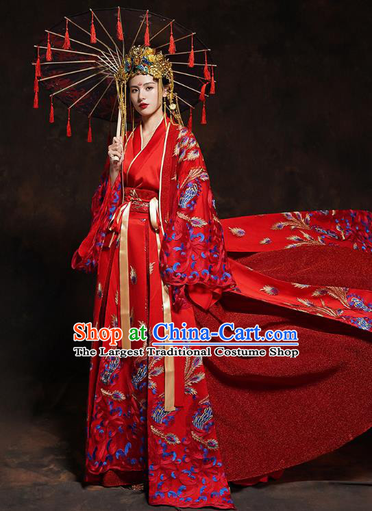 China Classical Wedding Bride Red Toast Dress Traditional Ancient Queen Embroidered Costumes