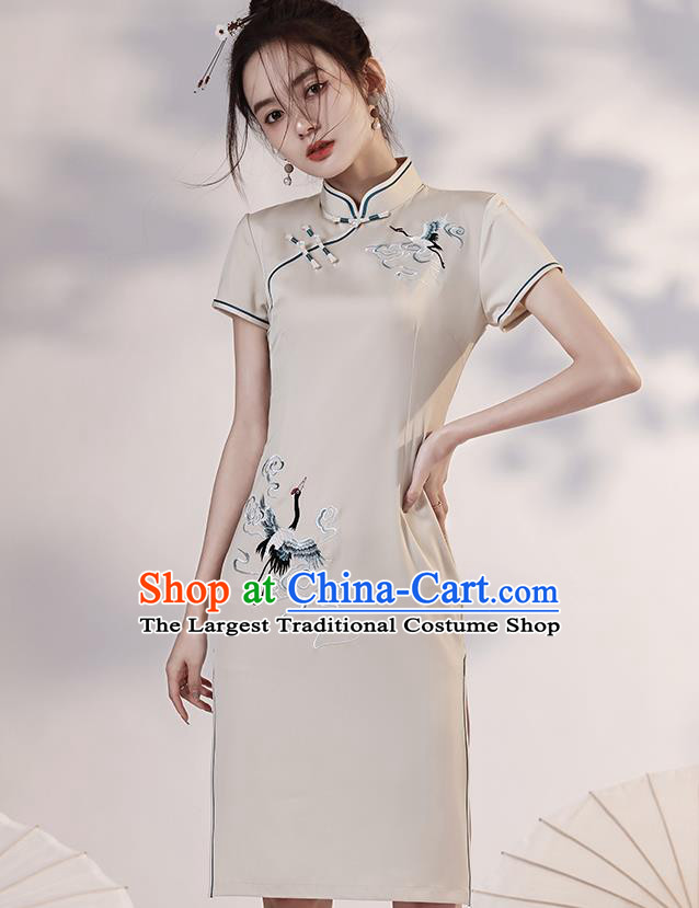 Chinese Embroidered Crane Short Cheongsam Clothing Classical Beige Satin Qipao Dress