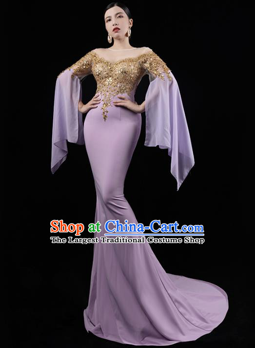 Top Grade Annual Meeting Lilac Trailing Dress Catwalk Performance Clothing Compere Full Dress