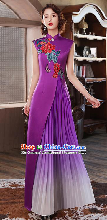 Chinese Catwalks Costume Classical Dance Cheongsam Stage Show Embroidery Peony Purple Satin Qipao Dress