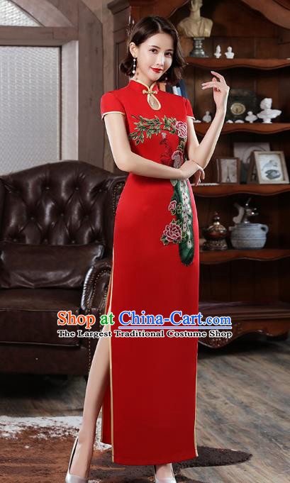 Chinese Stage Show Red Qipao Dress Embroidery Peacock Peony Cheongsam Modern Catwalks Costume