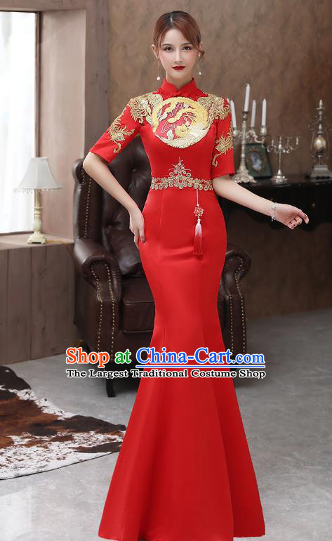 Chinese Stage Show Red Fishtail Qipao Dress Embroidery Phoenix Cheongsam Catwalks Modern Dance Costume