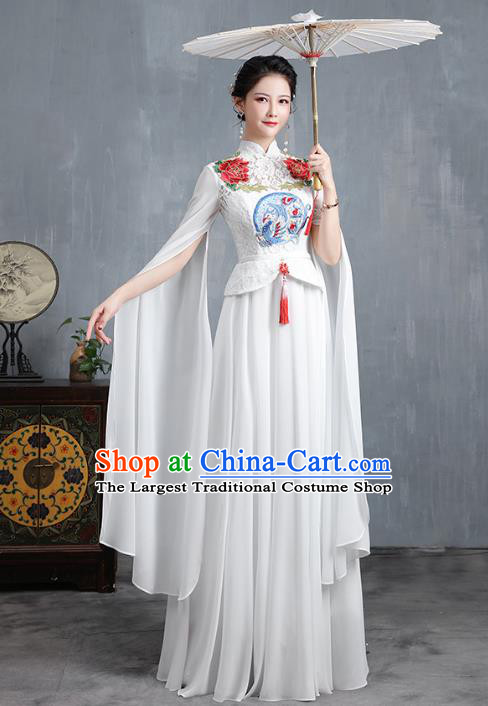 Chinese Modern Dance Costume Stage Show Qipao Dress Embroidered White Lace Cheongsam