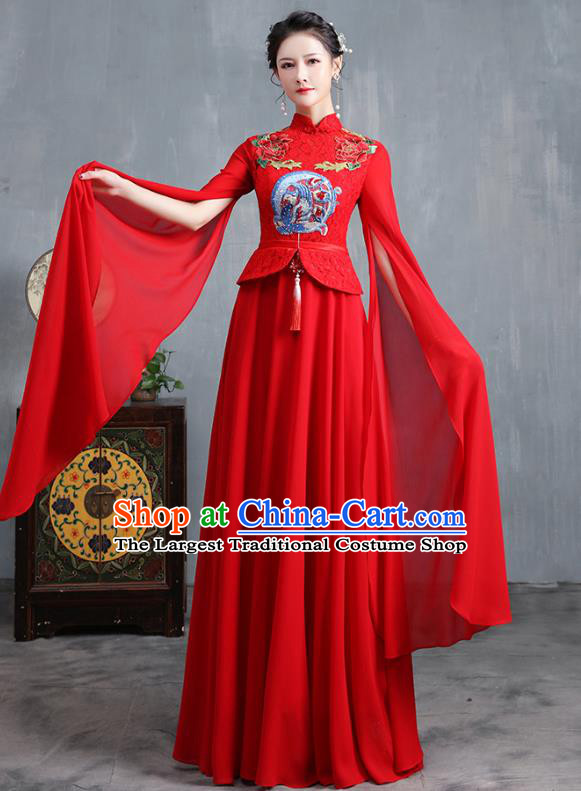 Chinese Embroidered Wedding Red Lace Cheongsam Modern Dance Costume Stage Show Qipao Dress