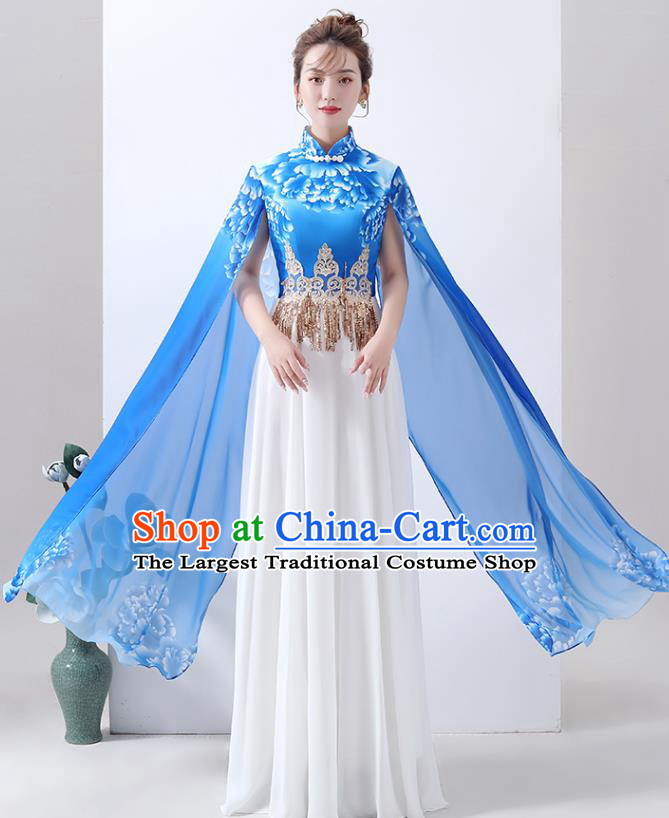 Chinese Chorus Performance Costume Printing Peony Blue Qipao Dress Classical Dance Cheongsam