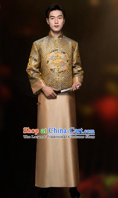 Chinese Classical Bridegroom Clothing Traditional Wedding Costume Golden Mandarin Jacket and Long Robe