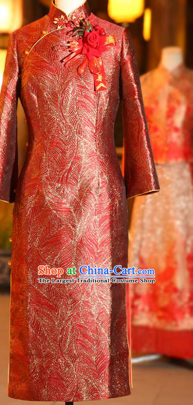 Chinese Elderly Woman Red Brocade Cheongsam Traditional Wedding Mother Qipao Dress