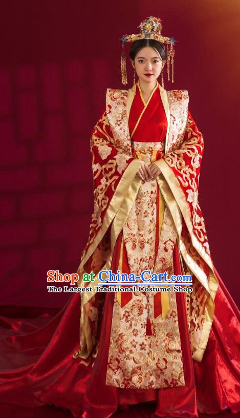 China Traditional Tang Dynasty Wedding Costumes Ancient Empress Red Embroidered Dress