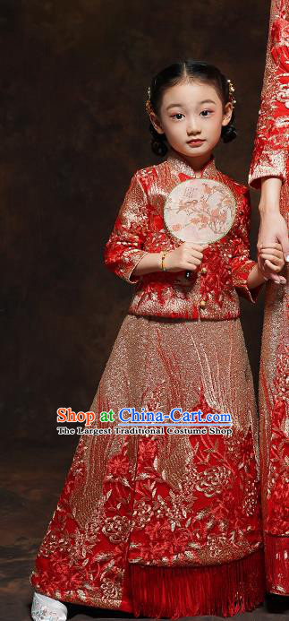 Chinese Girl Bridesmaid Blouse and Dress Classical Dance Clothing Embroidered Red Xiuhe Suits