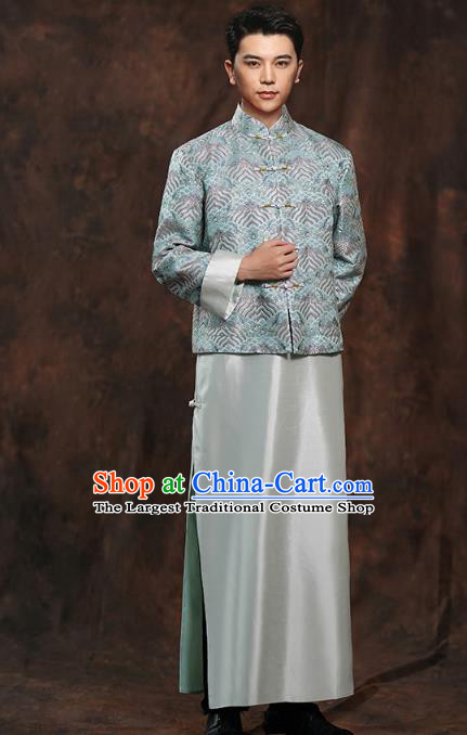 Chinese Ancient Bridegroom Clothing Traditional Wedding Costumes Blue Mandarin Jacket and Long Robe