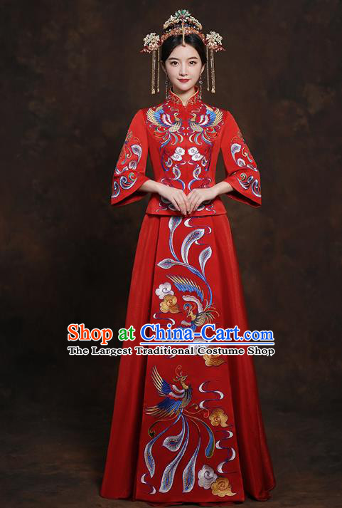 China Classical Bride Costumes Toast Embroidered Dress Traditional Wedding Red Xiuhe Suits