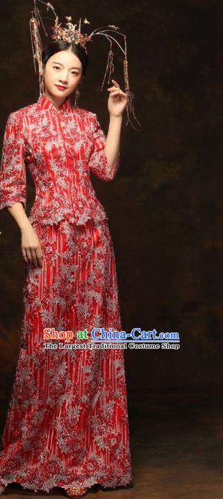 China Wedding Red Xiuhe Suits Classical Bride Costumes Traditional Toast Embroidered Slim Dress