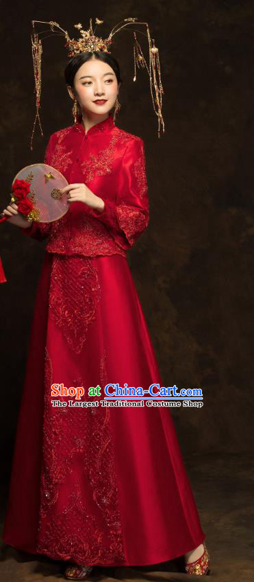 China Traditional Embroidery Beads Toast Dress Wedding Red Xiuhe Suits Classical Bride Costumes