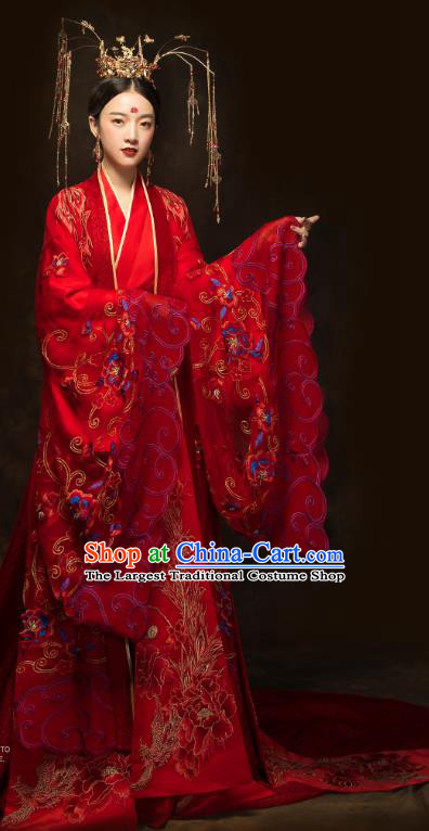 China Ancient Queen Red Hanfu Dress Classical Wedding Xiuhe Suits Traditional Bride Embroidered Costumes