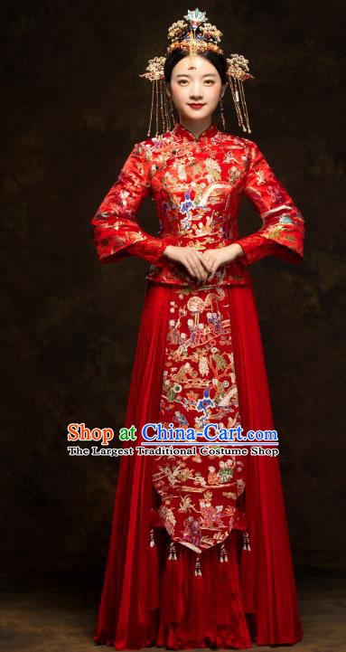 China Classical Hundred Children Painting Xiuhe Suits Traditional Bride Costumes Wedding Toast Dress