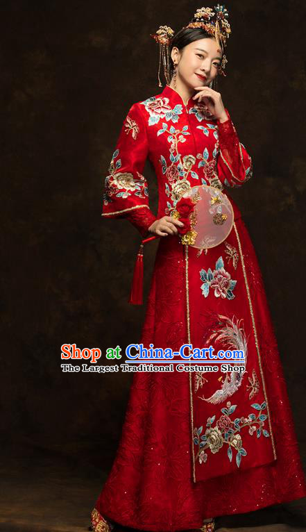 China Classical Embroidered Phoenix Peony Xiuhe Suits Traditional Bride Costumes Wedding Red Toast Dress