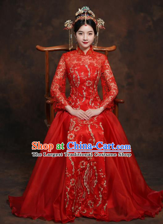 China Classical Bride Costumes Toast Dress Traditional Wedding Red Lace Xiuhe Suits