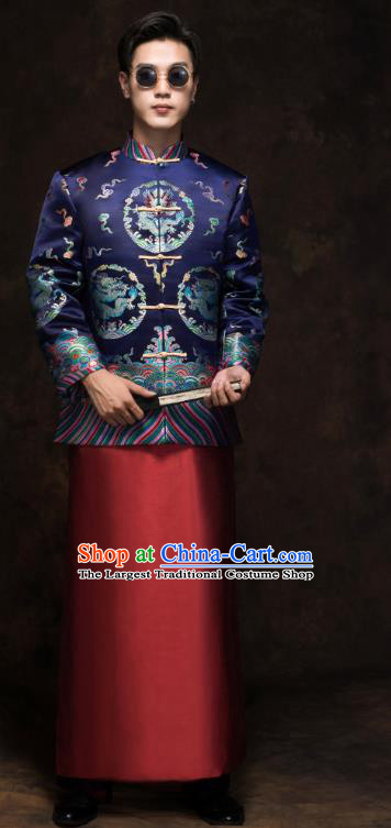 Chinese Wedding Bridegroom Tang Suit Costumes Traditional Deep Blue Mandarin Jacket and Red Long Robe