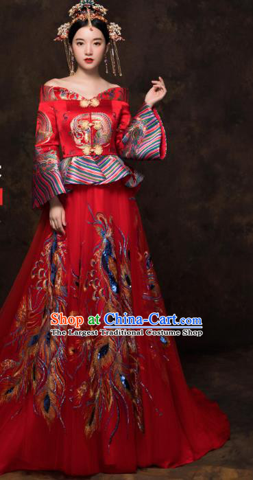 China Classical Embroidered Blouse and Skirt Traditional Bride Xiuhe Suit Costumes Wedding Toast Trailing Dress