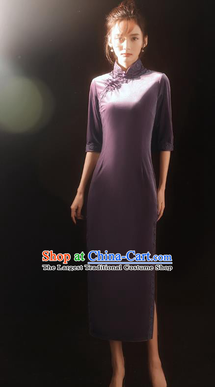 China Traditional Purple Velvet Qipao Dress National Stage Performance Stand Collar Cheongsam