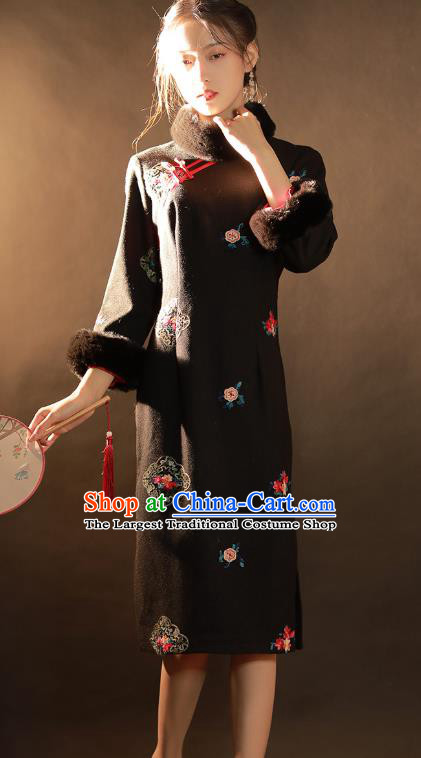 China Traditional Winter Woman Qipao Dress National Classical Dance Embroidered Black Woolen Cheongsam