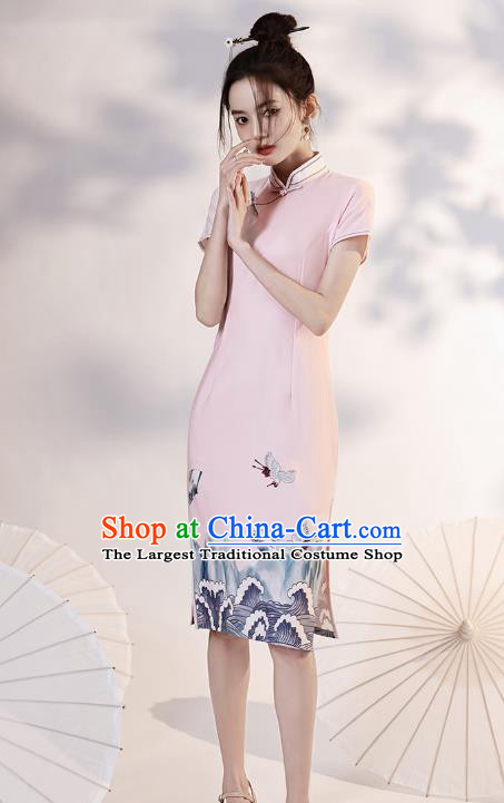 Chinese Young Lady Printing Wave Crane Cheongsam Clothing Modern Dance Pink Short Qipao Dress