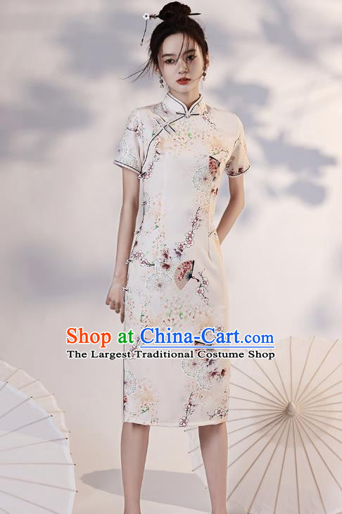 Chinese Young Lady Printing Plum Fan Cheongsam Clothing Modern Dance Beige Qipao Dress