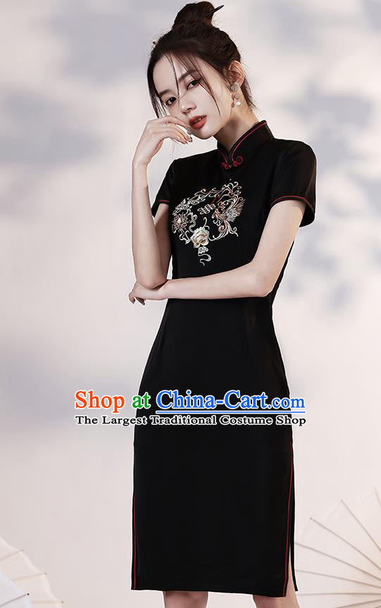 Chinese Young Lady Embroidered Phoenix Peony Cheongsam Clothing Modern Dance Black Short Qipao Dress