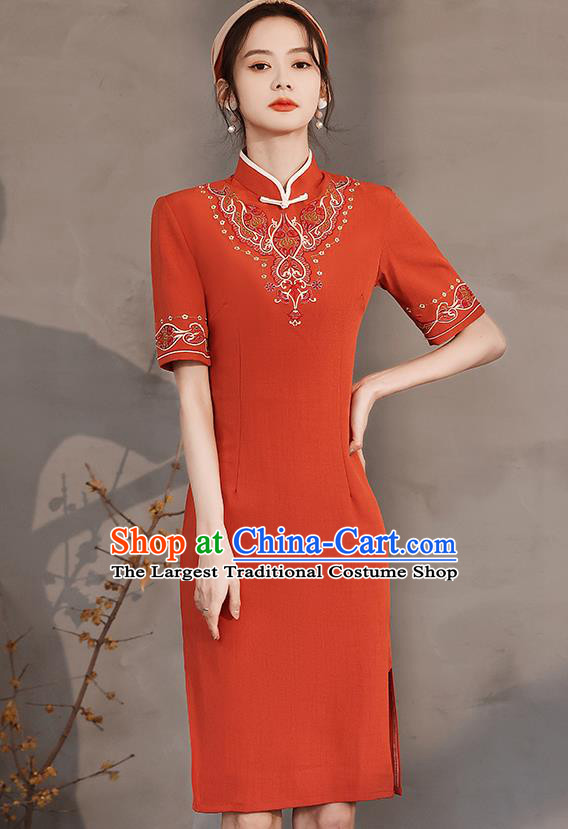 Chinese Stand Collar Cheongsam Clothing Modern Dance Young Lady Embroidered Red Qipao Dress