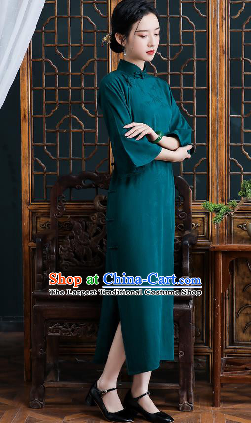 Republic of China National Deep Green Silk Cheongsam Traditional Shanghai Young Lady Qipao Dress