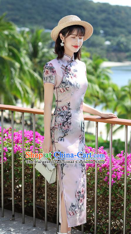 Republic of China National Young Lady Cheongsam Traditional Printing Bamboo Pink Qipao Dress