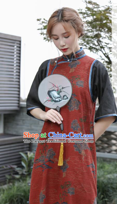 Republic of China National Gambiered Guangdong Gauze Cheongsam Traditional Young Lady Red Silk Qipao Dress